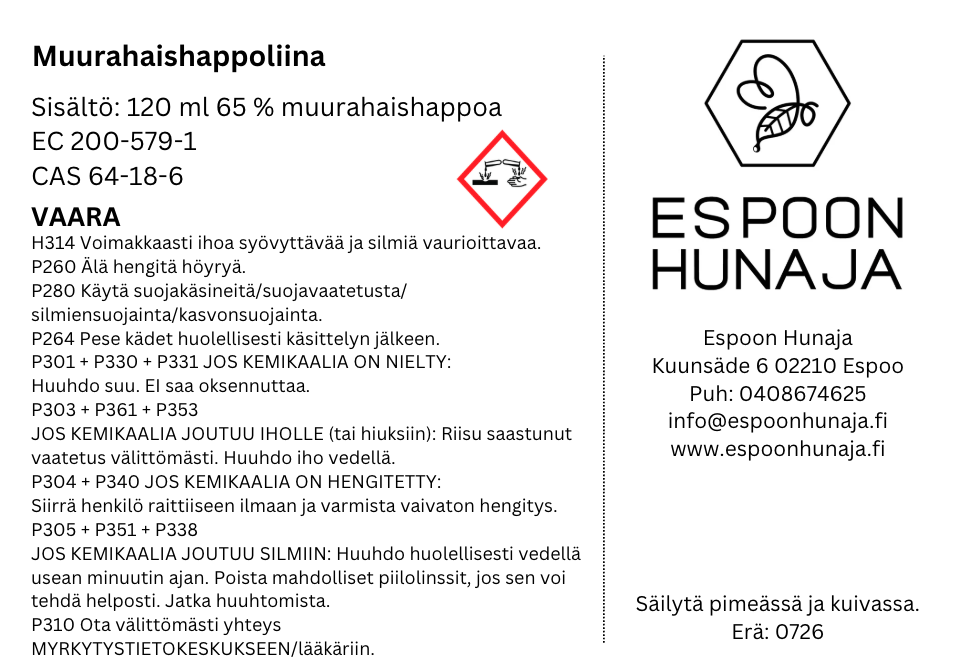 Muurahaishappoliina varroapunkkien torjuntaan 65 prosenttia 120 ml