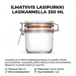 Ilmatiivis lasipurkki lasikannella 350 ml sivulta