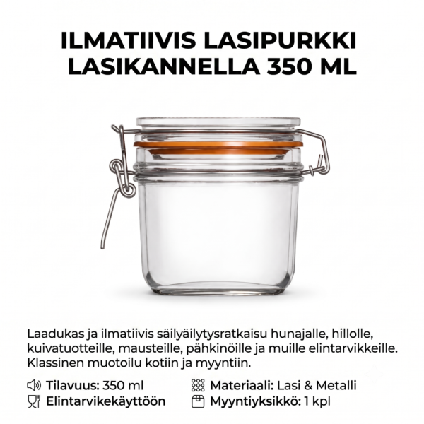 Ilmatiivis lasipurkki lasikannella 350 ml sivulta