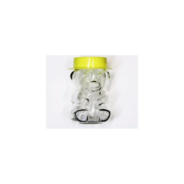 Nallenmuotoinen 280 ml lasipurkki hunajalle, mukana kansi ja keltainen koristehattu